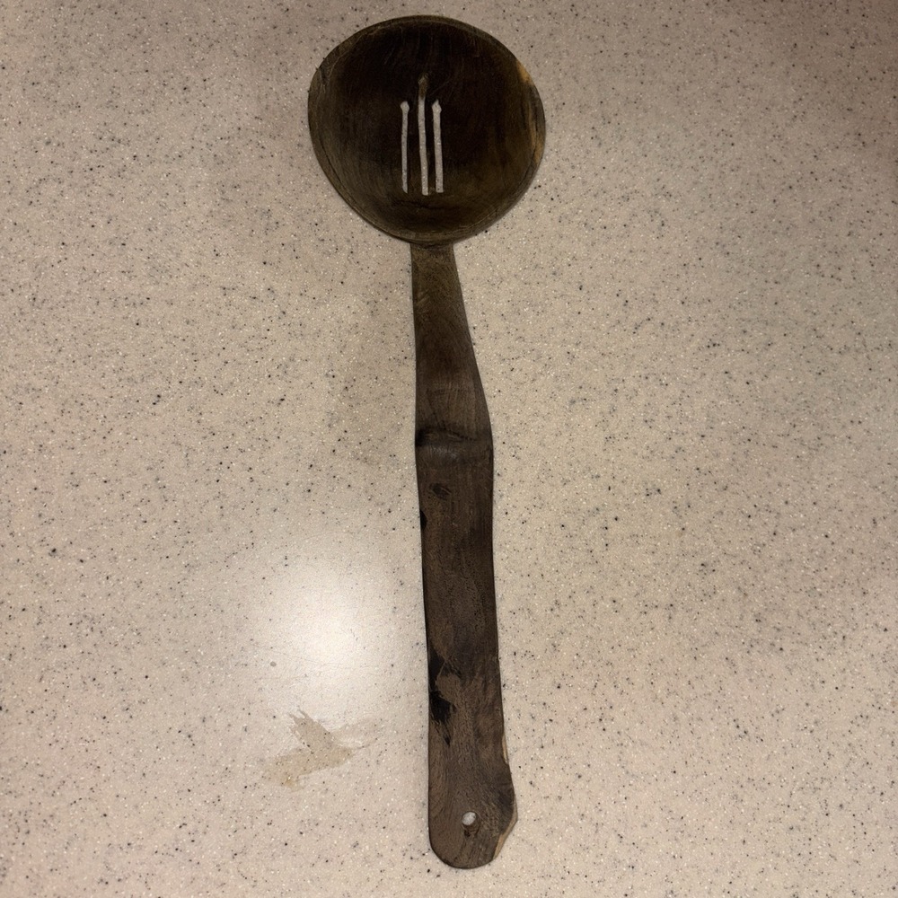 Vintage Hand-Carved Wooden Slotted Spoon Ladle Rustic Primitive Kitchen Utensil